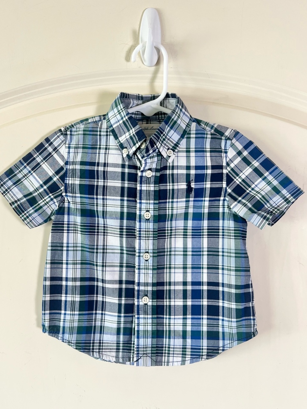 Polo Ralph Lauren Baby Boy Blue Plaid Short Sleeve Button Down Shirt - 12 Months